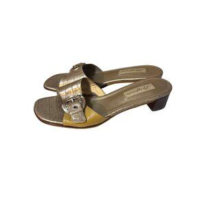 Brighton Lyric 8.5M Croc-Embossed Leather Slide Sandals With Silver Buckle Accen